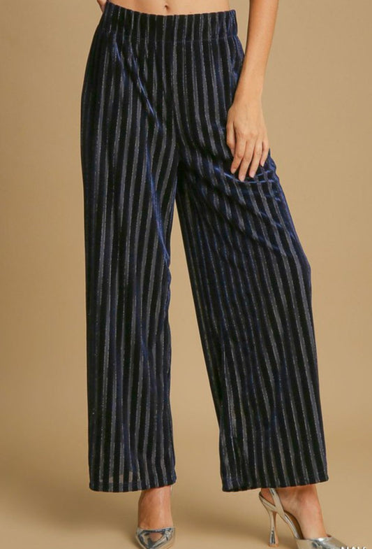 Striped Leg Velvet Pants - Navy