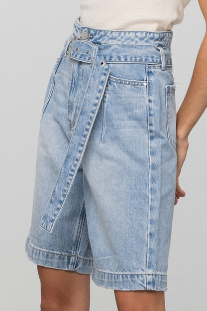 Self Belted Bermuda Denim Shorts