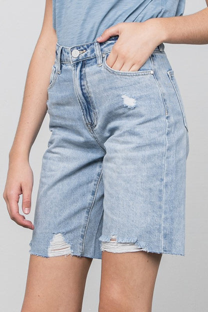 High Rise Distressed Hem Bermuda Shorts