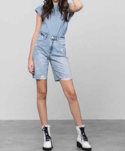 High Rise Distressed Hem Bermuda Shorts