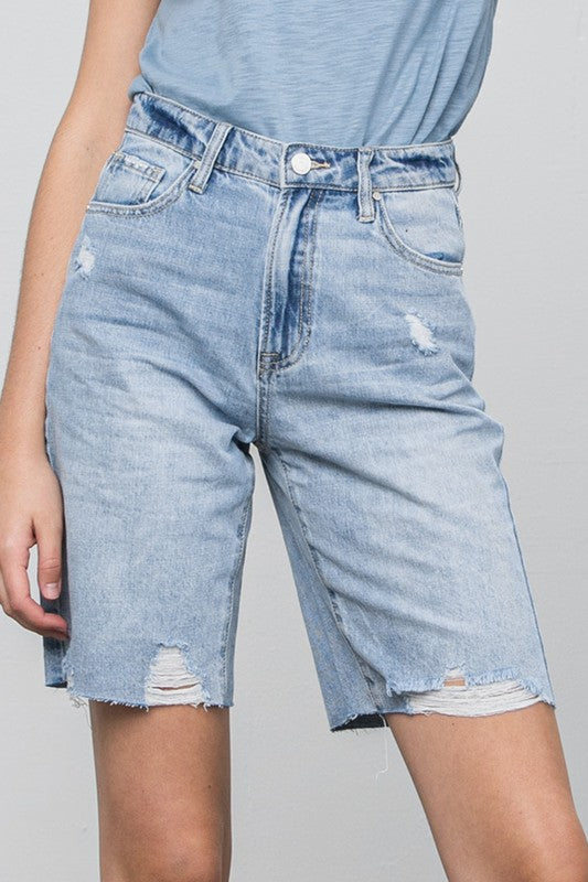 High Rise Distressed Hem Bermuda Shorts