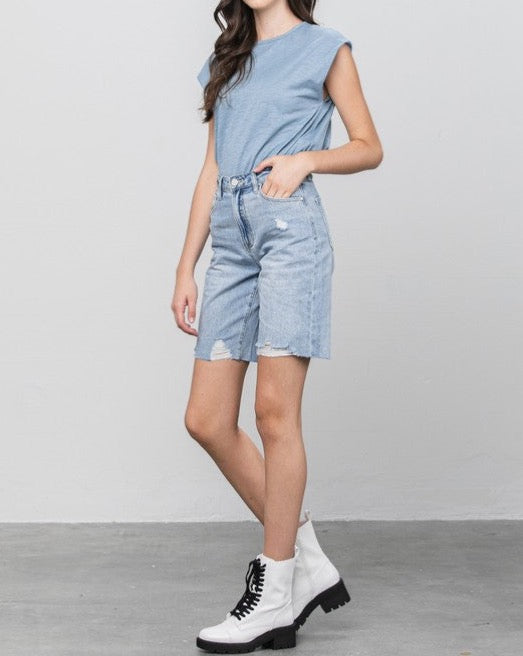 High Rise Distressed Hem Bermuda Shorts