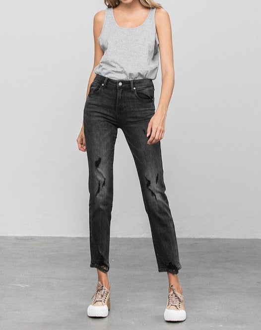 Mid Rise Distressed Straight Jeans