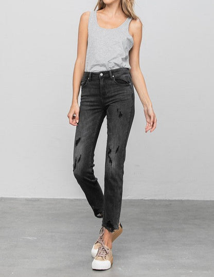 Mid Rise Distressed Straight Jeans