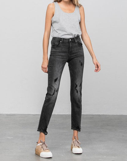 Mid Rise Distressed Straight Jeans