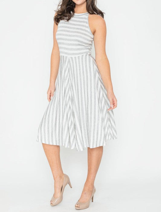 Beautifully Sized Stripe Halter Neck Midi Swing Dress