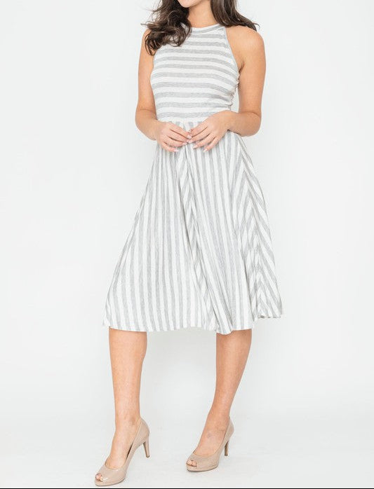 Beautifully Sized Stripe Halter Neck Midi Swing Dress