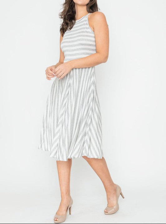 Beautifully Sized Stripe Halter Neck Midi Swing Dress