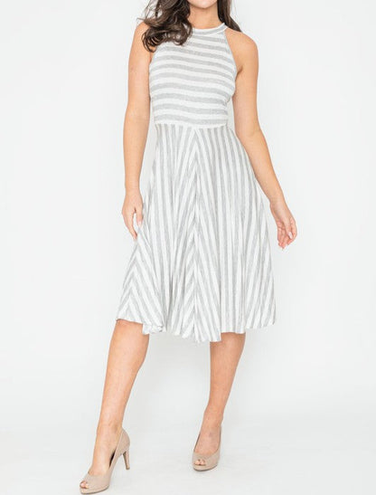 Beautifully Sized Stripe Halter Neck Midi Swing Dress