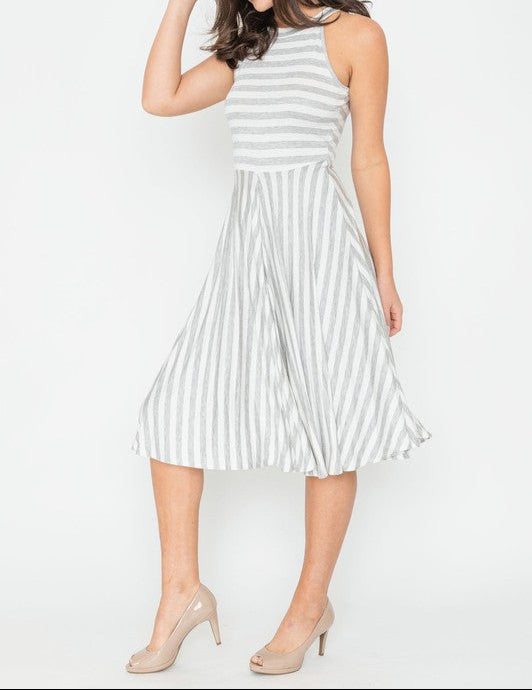 Beautifully Sized Stripe Halter Neck Midi Swing Dress