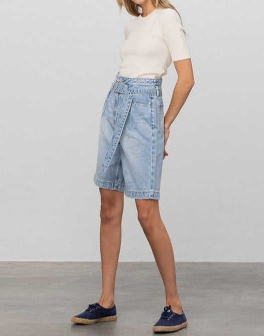 Self Belted Bermuda Denim Shorts