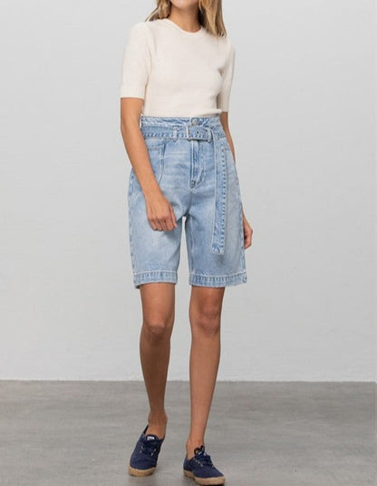 Self Belted Bermuda Denim Shorts