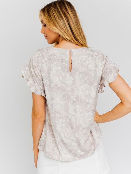 Elegant Floral Print Ruffle Sleeve Blouse