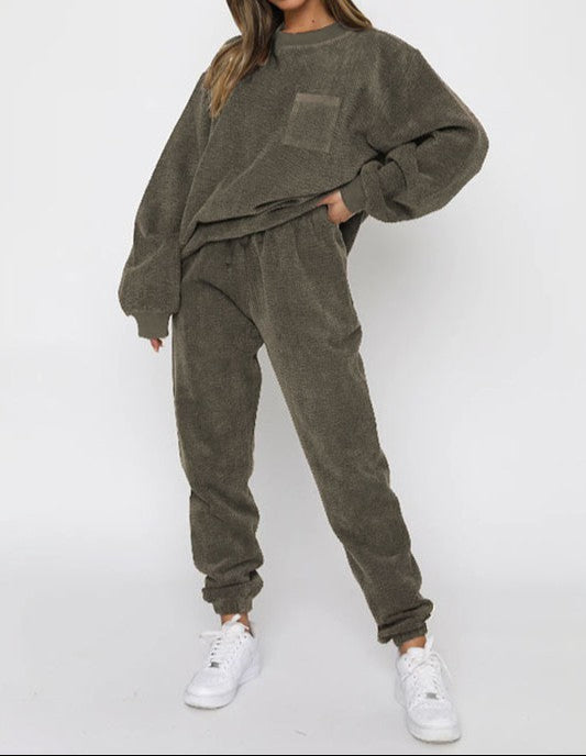 Corduroy Sweatshirt Set - Olive