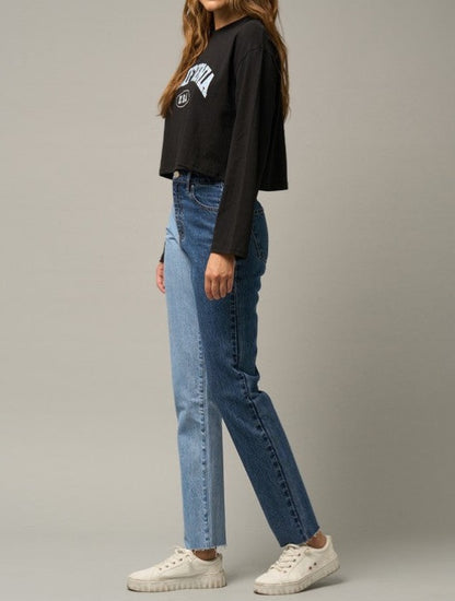 High Waist Two Tone Raw Hem Straight Jeans