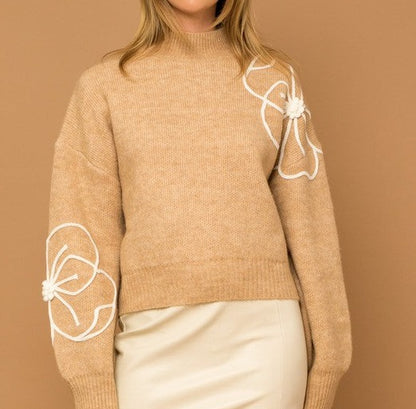 Flower Embroidery Mock Neck Sweater