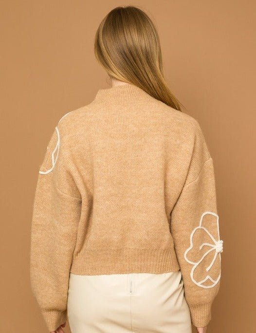 Flower Embroidery Mock Neck Sweater