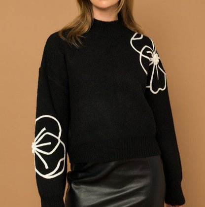 Flower Embroidery Mock Neck Sweater