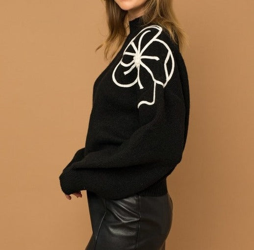 Flower Embroidery Mock Neck Sweater