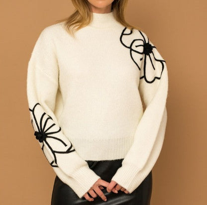 Flower Embroidery Mock Neck Sweater