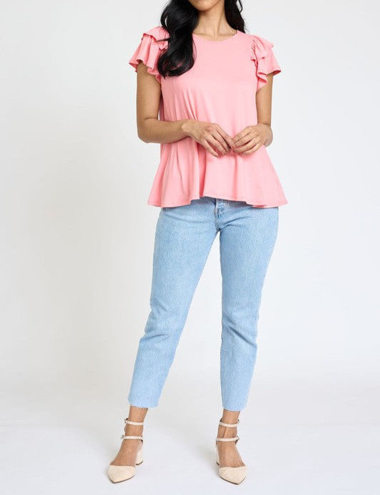 Beautifully Sized Spring Double Ruffle Sleeve Top