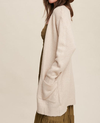 Two Pocket Open-Front Long Knit Cardigan