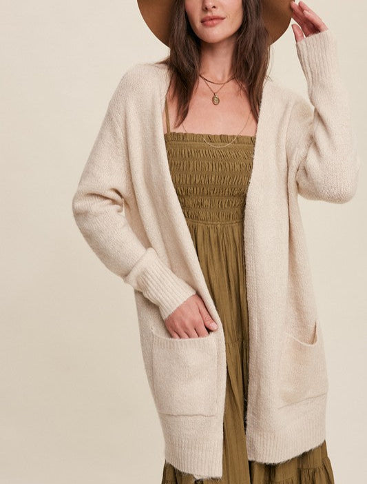 Two Pocket Open-Front Long Knit Cardigan