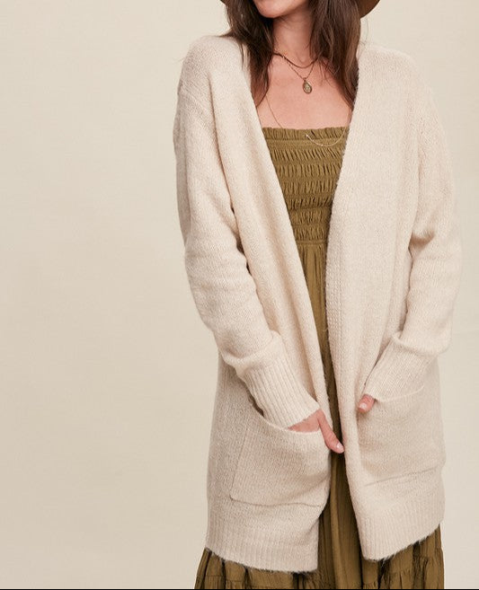 Two Pocket Open-Front Long Knit Cardigan