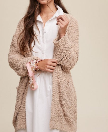 Popcorn Open Knit Cardigan Sweater