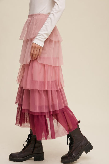 Gradient Style Tiered Mesh Maxi Skirt