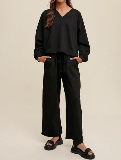 V-neck Sweatshirt and Pants Set - Black