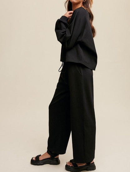 V-neck Sweatshirt and Pants Set - Black