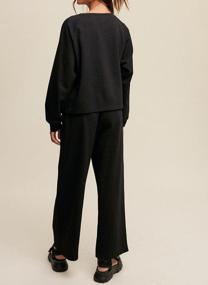 V-neck Sweatshirt and Pants Set - Black