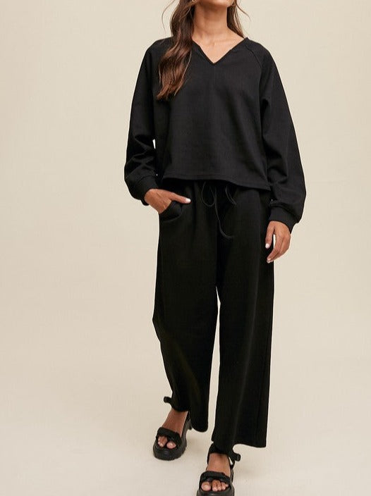 V-neck Sweatshirt and Pants Set - Black