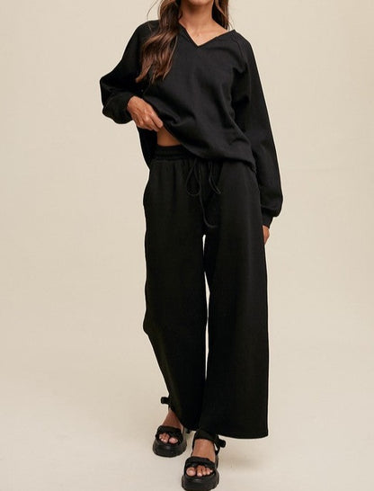 V-neck Sweatshirt and Pants Set - Black