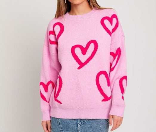 Round Neck Heart Printed Sweater