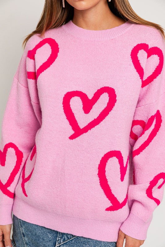 Round Neck Heart Printed Sweater