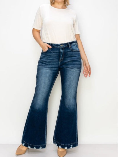 Beautifully Sized Mid Rise Flare with Distressed Hem