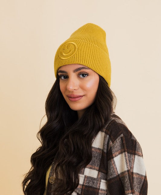 Happy Face Embroidered Ribbed Knit Beanie