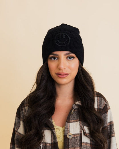 Happy Face Embroidered Ribbed Knit Beanie