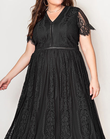 V-Neck Short Sleeve Lace Maxi Dress