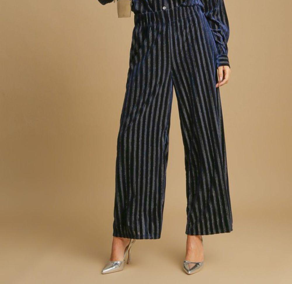 Striped Leg Velvet Pants - Navy