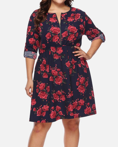 Beautifully Sized Floral Print Half Zip Up Dress