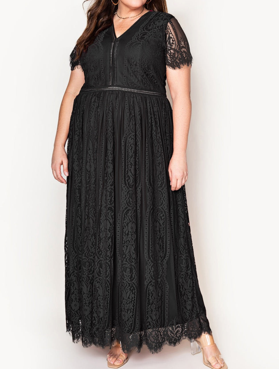 V-Neck Short Sleeve Lace Maxi Dress