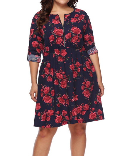 Beautifully Sized Floral Print Half Zip Up Dress