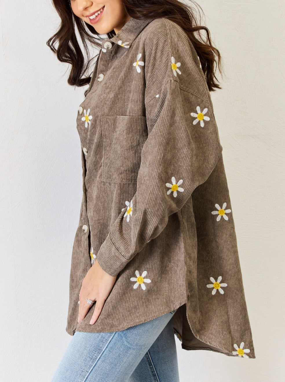 Flower Pattern Corduroy Button Down Shirt