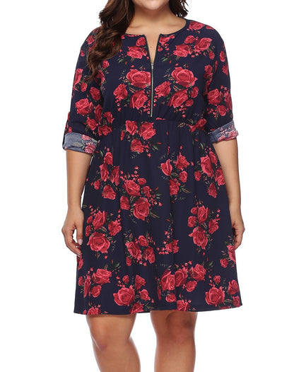 Beautifully Sized Floral Print Half Zip Up Dress