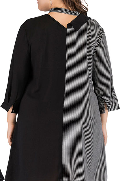 Beautifully Sized Striped Color Block Tie-Neck Dress