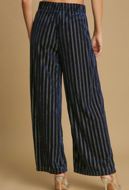 Striped Leg Velvet Pants - Navy