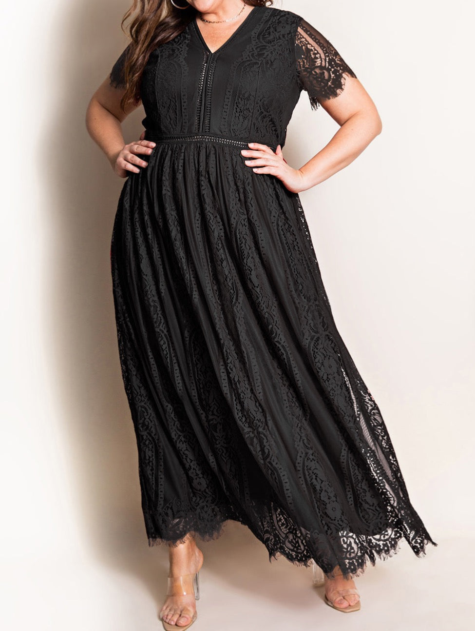 V-Neck Short Sleeve Lace Maxi Dress